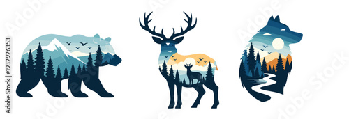 Nature double exposure trio: bear, stag with antlers and wolf silhouettes layered with snowy peaks, pine woods, winding river, birds and moonlit sunset, teal and amber vector design.