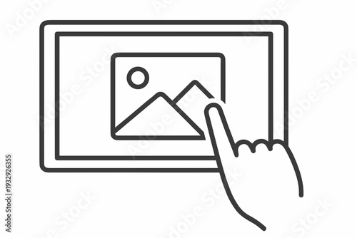 Hand touching image thumbnail on tablet display, simple line art vector. Concept of photo gallery, media browsing, selecting pictures, and mobile content management interface.