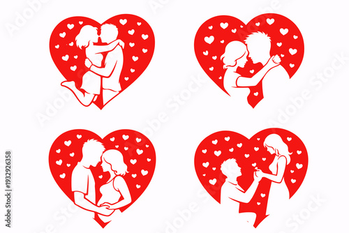 Set of four red heart frames with romantic couple silhouettes: hug, kiss, holding hands, and marriage proposal. Valentine’s day love story icons for cards, wedding invitations, stickers.