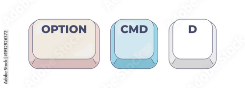 Option Command D computer keyboard shortcut. Toggle dock visibility. Interface control. Desktop management. Hotkey combo buttons for pc and laptop. Fast software efficiency. Flat vector illustration