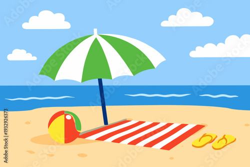 Sunny beach setup with green umbrella, striped towel, beach ball and flip flops on sand by the sea with clouds. Concept of relaxation, sunbathing, tropical weekend getaway. Summer banner.