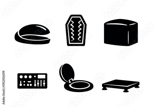 Solid vector icons of sensory deprivation chambers: isolation pod shell, sound-absorbing interior, total-dark enclosure; control