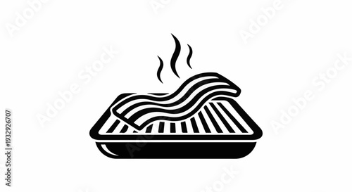 A black and white graphic of sizzling bacon on a grill