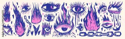 Punk doodle collection featuring distorted eyes and flame shapes with grainy ink texture