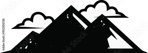 Black silhouette of jagged mountain peaks with stylized clouds above