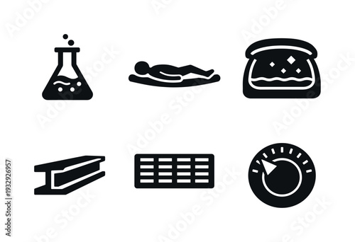 Solid vector icons of sensory-reduction flotation systems: balanced saline mixture, body-neutral support surface,