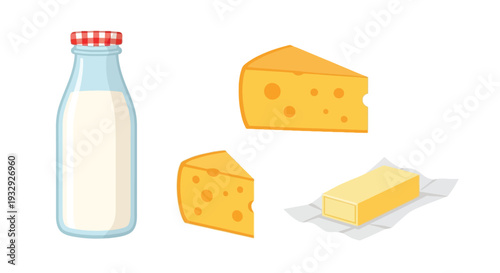 Dairy illustration set with milk cheese and butter