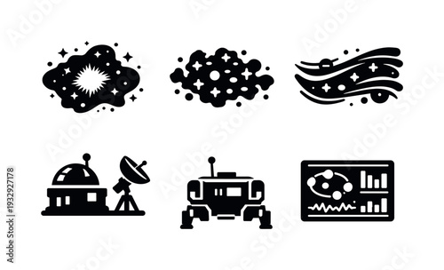 Solid vector icons of cosmic plasma structures: nebular plasma glow, diffuse ion cloud, streaming charged band; observation post,