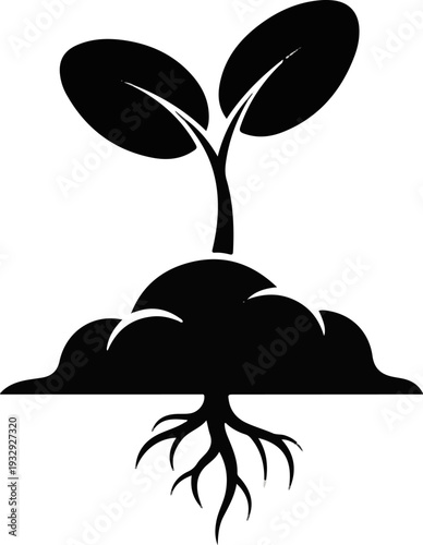 Black silhouette of a sprout emerging from soil, with visible roots