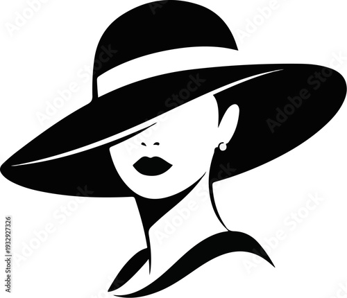 Elegant woman in a wide-brimmed hat, partially obscuring her face, stylized