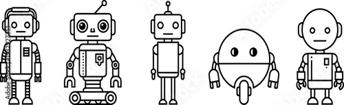 Cartoon robot illustration set, humanoid and wheeled robots, creative design concepts, futuristic automation characters, black silhouette vector graphics for technology themes