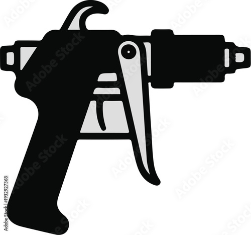 Industrial spray gun with trigger, nozzle, and handle. Black, gray, white