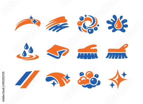 Two-Color vector icons of cleaning motions: swipe arc, scrub line, suds swirl, rinsing splash, droplet fall, cloth fold, brush