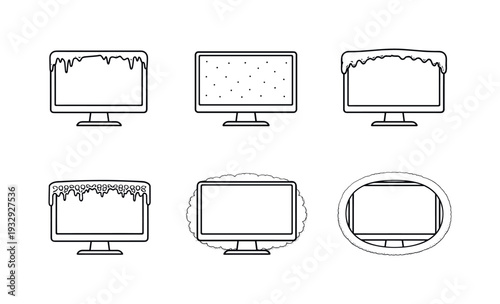 Line vector icons of a screen frosting over from disuse (inactive surface chill): monitor silhouette, still screen, micro frost