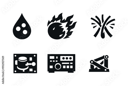 Energetic Matter Icons. Solid vector icons of ultra-energetic matter states: QGP droplet, collision-induced fireball, color-field