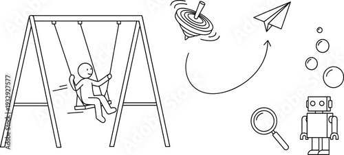 Childhood play illustration, swing set, paper airplane, bubbles, spinning top, robot toy, magnifying glass, exploration and curiosity black and white vector design