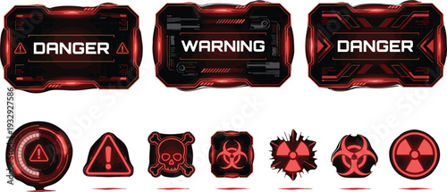 Futuristic sci-fi danger and warning digital screens with hazard symbols, biohazard, radiation, and skull icons, flat vector illustration for gaming UI.