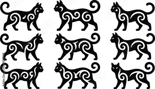Collection of stylized black cat silhouettes with swirling tribal patterns isolated on white background, decorative tattoo design set