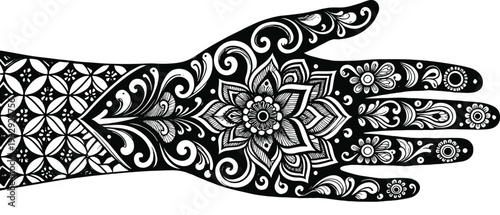 Intricate mehndi hand design with floral mandala patterns in black and white, decorative henna tattoo illustration