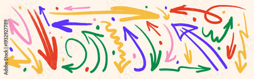 Set of vibrant hand drawn arrows and curved symbols in naive doodle style for creative design accents