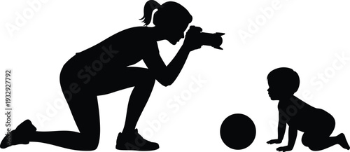 Mother photographing baby silhouette vector illustration, woman taking picture of crawling child with ball, family lifestyle parenting concept isolated on white background