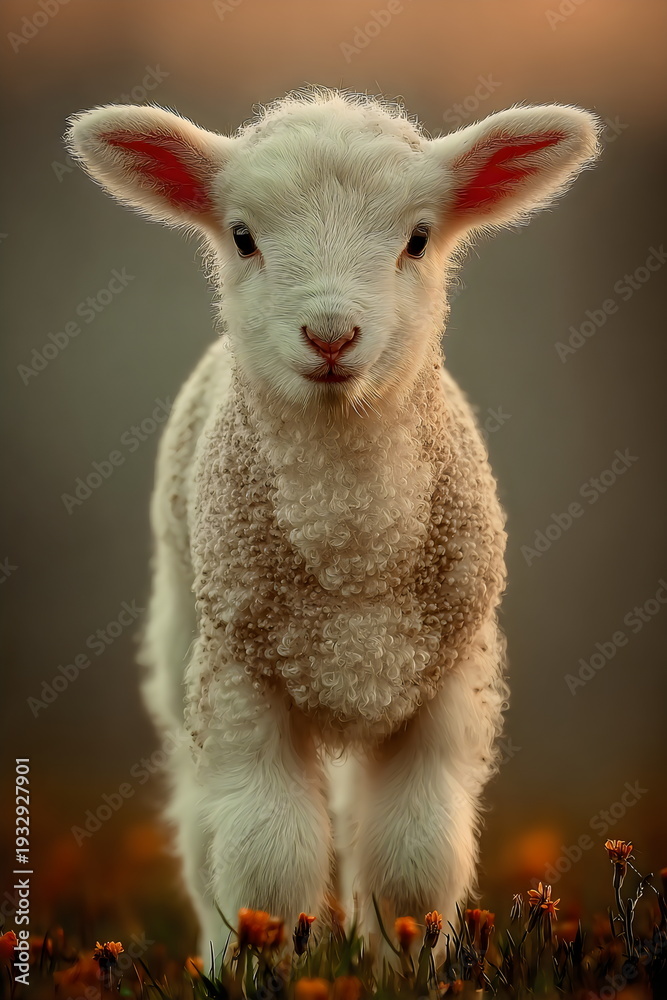 Naklejka premium Sweet lamb stands in a field with flowers during Easter season in a rural area at sunset