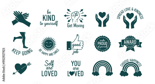 Inspirational Motivational Self-Care Positive Affirmations Vector Icon Set for Well-being