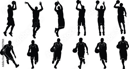 Basketball Player Silhouettes Set Featuring Athletes Dribbling Running and Jumping Action Poses for Sports Graphic Design and Competition Team Illustrations