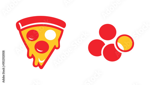 Two-Color vector icons of a pizza slice with one pepperoni missing: slice arc, empty topping spot, cheese curl, crust line;