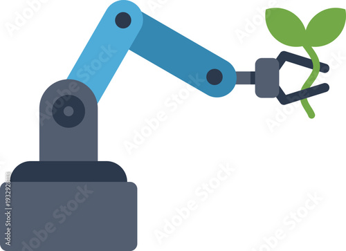 Robot arm holding a small green plant, representing smart farming technology