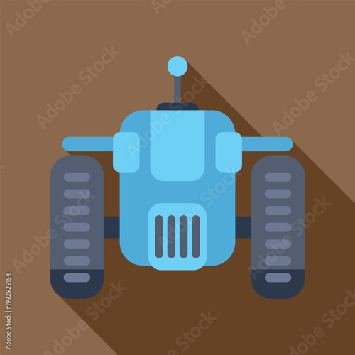 Blue robot rover featuring tracks, antenna, and exhaust grate on a brown background