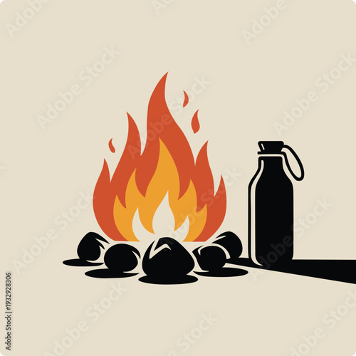 Campfire with rocks and a canteen on a beige background