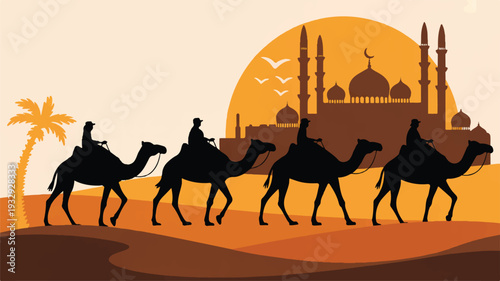 A stylized illustration of a desert caravan scene with four camels and their riders silhouetted against an orange and brown background (4)_traced