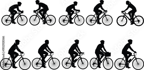 Bicycle cyclist silhouette vector set featuring various road bike riders and cycling poses isolated on white background for fitness design.