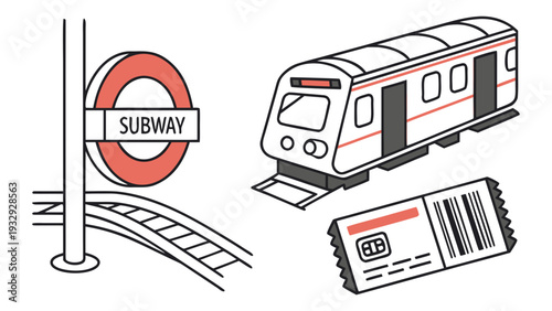 Subway Transportation Elements Sign Train and Ticket Illustration.