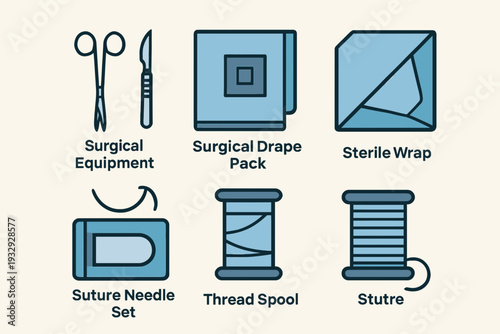 Surgical Equipment and Supplies Illustration Set for Medical Procedures.