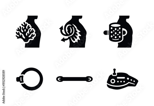 Solid vector icons of human-integrated coral gills: coral-lattice gill patch, fluid circulation path, exchange micro-chamber;