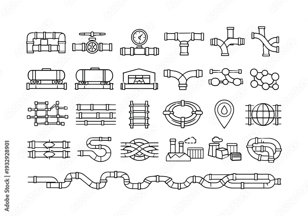 Obraz premium Collection of industrial pipeline and plumbing system icons in a clean line art style