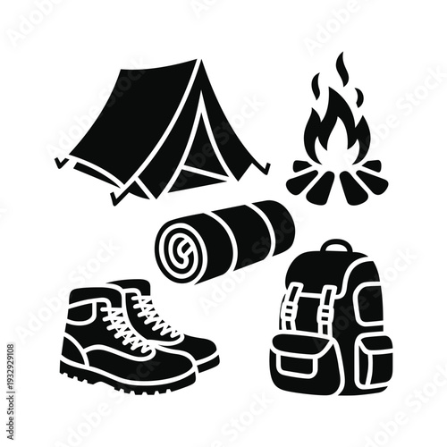 Camping icons set with tent fire backpack hiking boot and sleeping bag outdoors