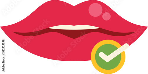 Red lips featuring a green check mark in a flat vector design