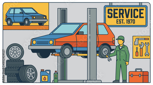 Automotive Repair Shop with Mechanic and Car on Lift Illustration