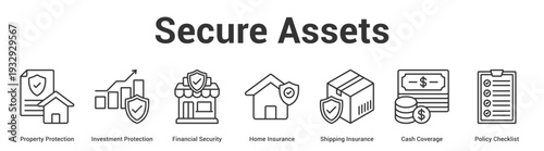Secure Assets web banner icon set vector illustration concept for business with icon of Property Protection, Investment Protection, Financial Security, Home Insurance, Shipping Insurance, Cash Covera.