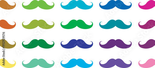 Vibrant mustaches celebrating fathers day with colorful whiskers on white background