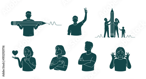 Diverse Silhouettes Vector Set Illustrating Creativity, Teamwork, Peace, Love, and Ok Gestures