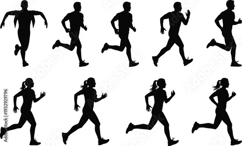 Black Silhouette Set of Professional Male and Female Runners Jogging and Sprinting in Different Poses Isolated on White Background Vector