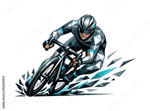 Dynamic cyclist in abstract geometric style, leaning into a sharp turn on a race track