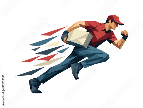 Fast delivery man running with a package, abstract geometric style, motion blur effect