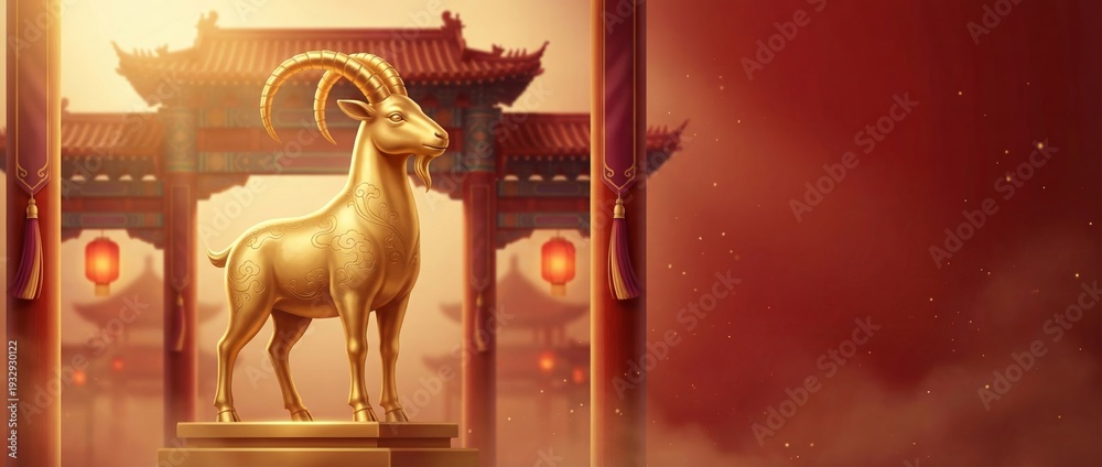 custom made wallpaper toronto digitalGolden goat statue for Chinese New Year 2027 celebration. Luxury zodiac ram symbol with traditional temple architecture and lanterns background