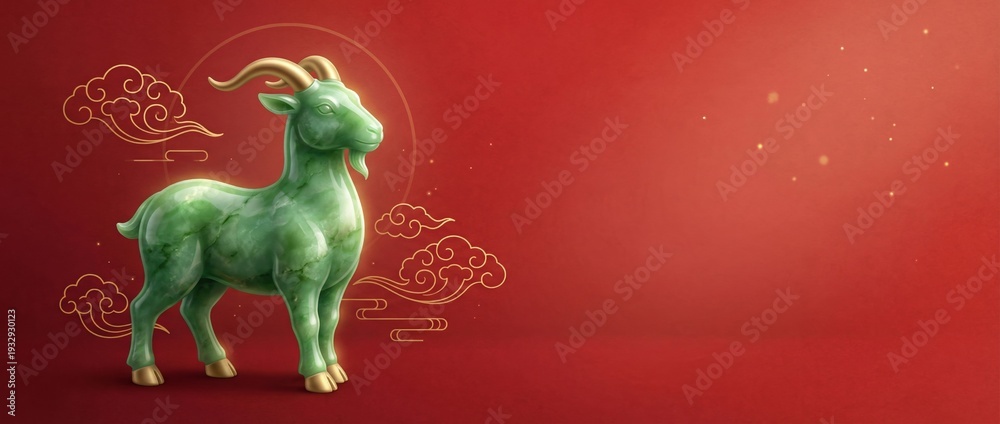 custom made wallpaper toronto digitalGreen jade goat statue with gold accents on red background. Chinese New Year 2027 zodiac art. Copy space