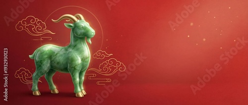 Wallpaper Mural Green jade goat statue with gold accents on red background. Chinese New Year 2027 zodiac art. Copy space Torontodigital.ca
